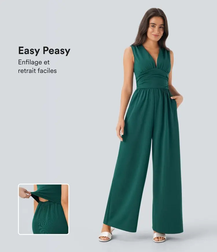 Večerní kombinéza s výstřihem do V, bez rukávů, s řasením, bočními kapsami a skrytým zipem - edice Easy Peasy